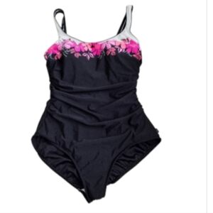 Reebok Black Pink Floral One Piece Ruched Bathing U Back Swimsuit 16 Nos Nwt